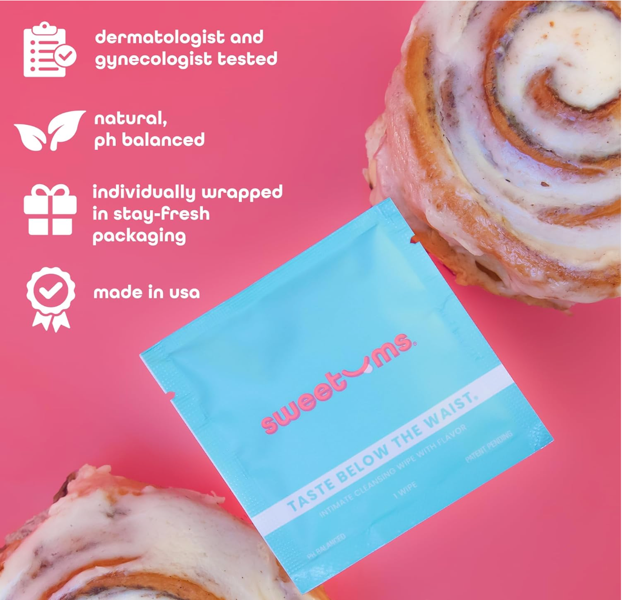 Cinnamon Bun Flavored PH Balanced Intimate wipes Feminine Wipes by sweetums individually wrapped www.VALGINA.com