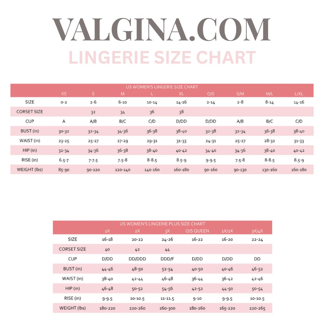 www.VALGINA.com Lingerie size chart USA womens lingerie size chart, women's regular and plus size