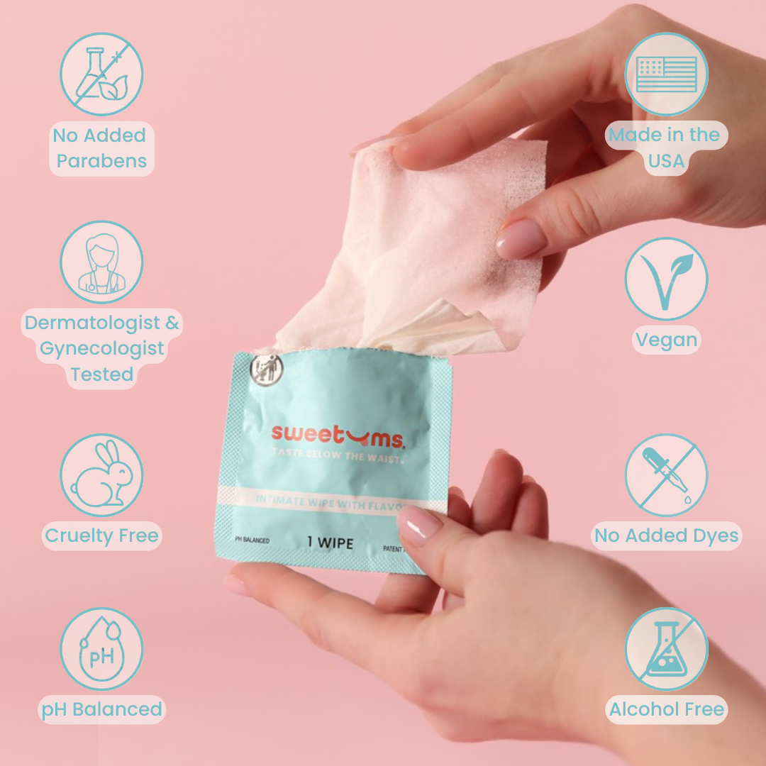 Cinnamon Bun Flavored PH Balanced Intimate wipes Feminine Wipes by sweetums individually wrapped www.VALGINA.com