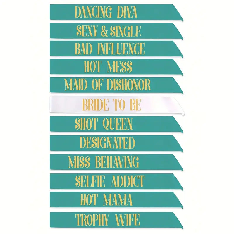 Bachelorette Party Bride Sash Pack 12 Black Green Teal Turquoise Blue Green Magenta white champagne www.VALGINA.com