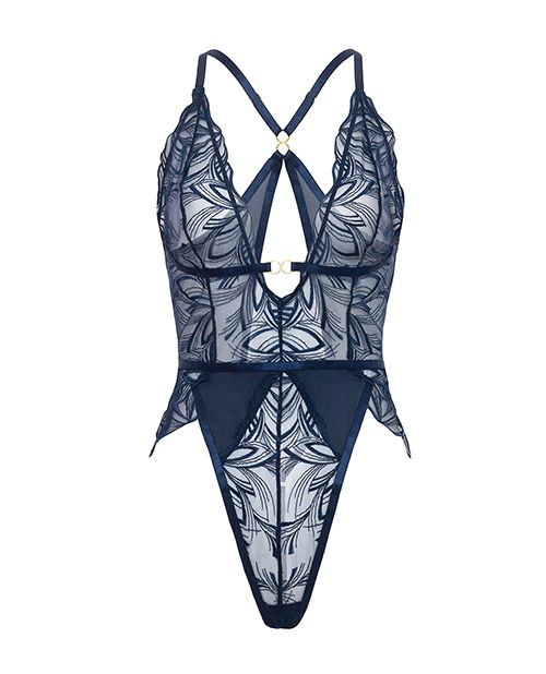 Davina V-Plunge Embroidered Lingerie w/Double Ring Charm - Babydoll Slip or Teddy - Navy