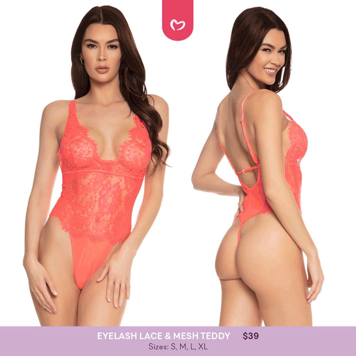 Neon Coral Eyelash Lace & Mesh Teddy Lingerie - Medium - 2 LEFT!