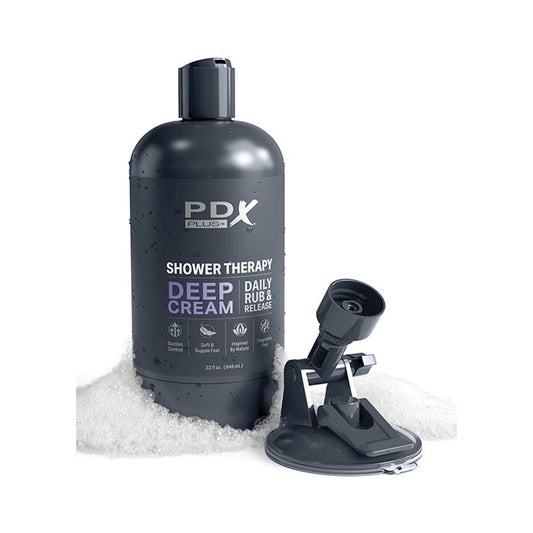 PDX Plus Shower Therapy Deep Cream - Frosted mens stroker that attaches suctions to shower wall for hands free www.VALGINA.com