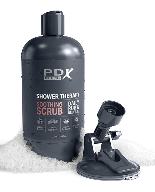 PDX Plus Shower Therapy Soothing Scrub Tan mens shampoo conditioner scrub that is actually an adult toy stroker sleeve it attaches to a shower wall with suction cup www.VALGINA.com