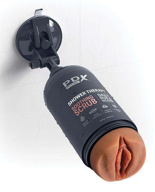 PDX Plus Shower Therapy Soothing Scrub Tan mens shampoo conditioner scrub that is actually an adult toy stroker sleeve it attaches to a shower wall with suction cup www.VALGINA.com