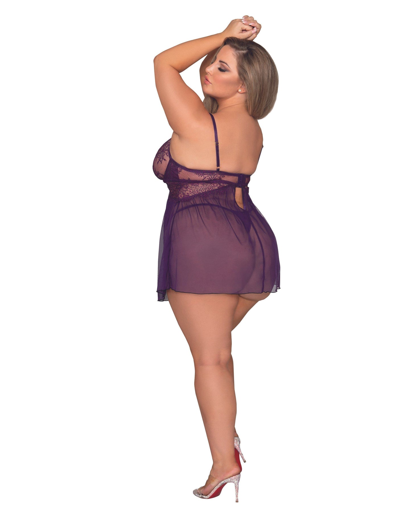 Royal Rendezvous - Eyelash Lace Babydoll & G-String Lingerie Set with gold accent ring and strappy accents on bodice, mesh skirt, see through lace cups, queen Plus size