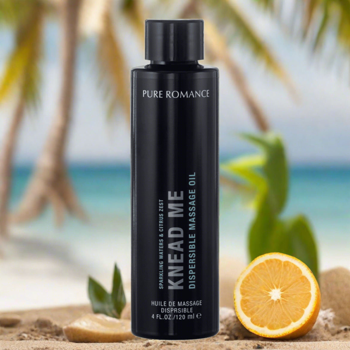 Knead Me - Botanical Non Staining Massage Oil - Pure Romance with flip top pop top lid sparkling waves and citrus zest fragrance www.VALGINA.com