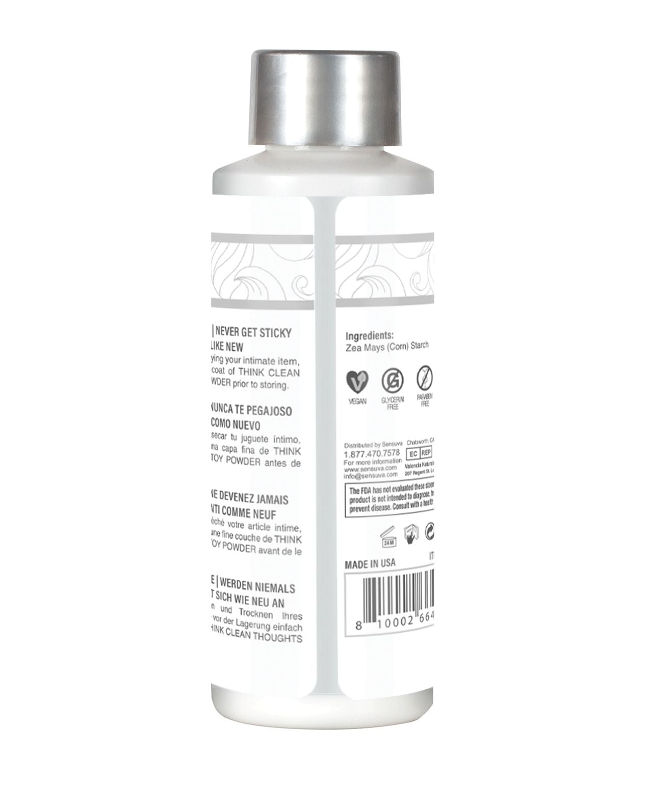 Sensuva Think Clean Thoughts Toy Refreshing Powder - 2 oz Bottle for sleeves strokers masturbators www.VALGINA.com