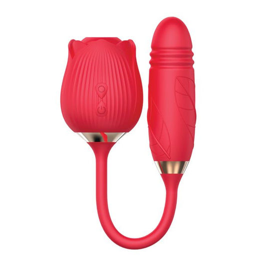 A red-colored, dual-stimulation sex toy with a clitoral suction base and a separate internal arm for thrusting. The product is designed with textured silicone for added sensation.
