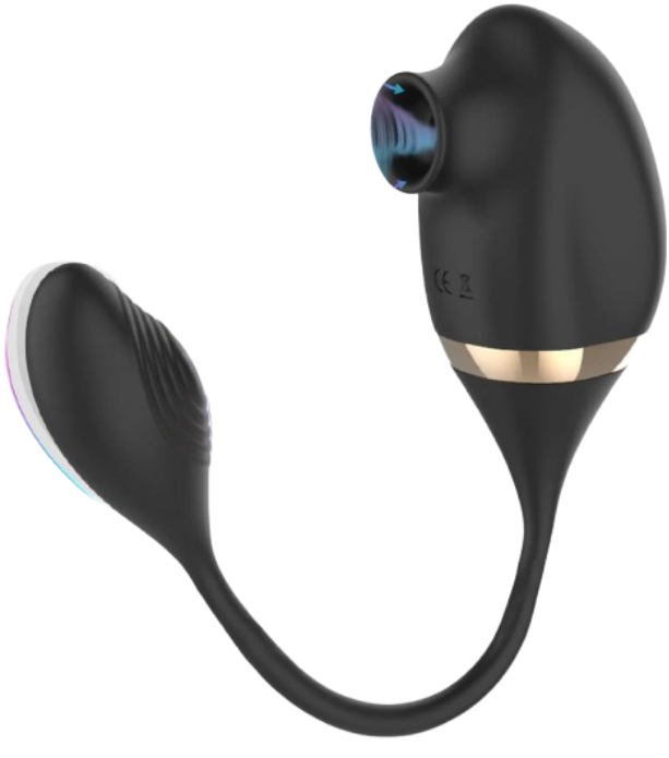 Eclipse Duo - Dual Suction & Bullet vibrator. Black and rose gold vibes with a cord between to attach the two toys. double motors with air technology "sucking" vibrator on one end and clitoral or vaginal bullet on the other end. www.VALGINA.com