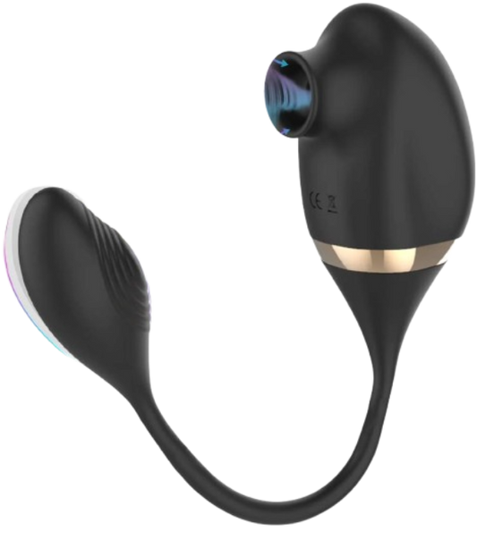 Eclipse Duo - Dual Suction & Bullet vibrator. Black and rose gold vibes with a cord between to attach the two toys. double motors with air technology "sucking" vibrator on one end and clitoral or vaginal bullet on the other end. www.VALGINA.com
