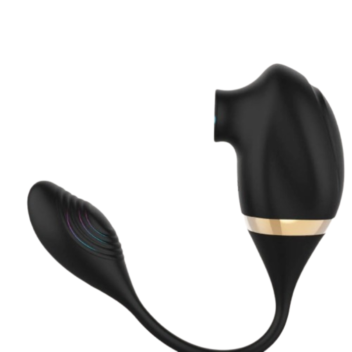 Eclipse Duo - Dual Suction & Bullet vibrator. Black and rose gold vibes with a cord between to attach the two toys. double motors with air technology "sucking" vibrator on one end and clitoral or vaginal bullet on the other end. www.VALGINA.com