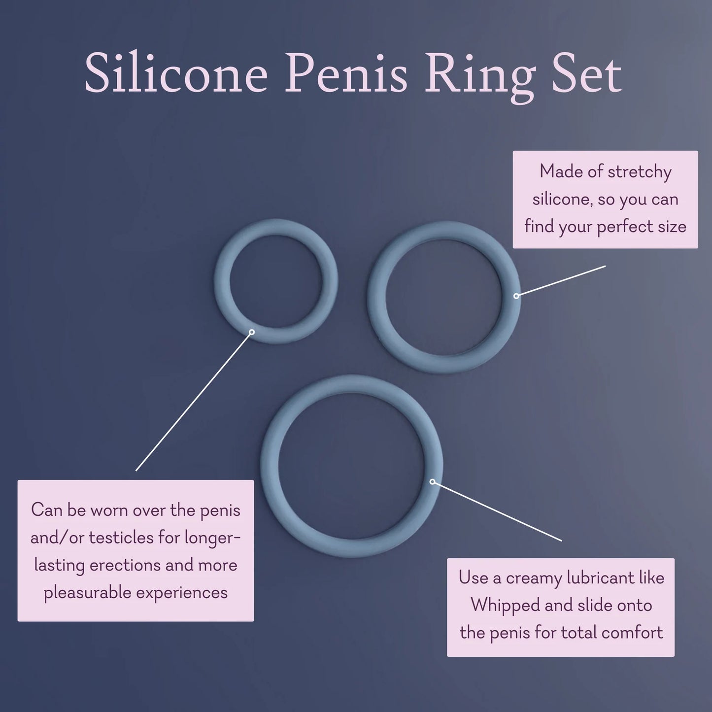 Silicone Penis Ring Set - Pure Romance, 3 sizes, 3 pack, pack of 3 for Men or Couples - VALGINA.com