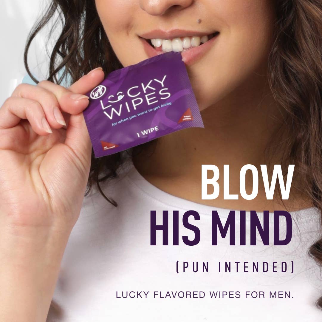 Wipes For Men Flavored Strawberries and Cream Flavor Top Seller Lucky Wipes for dudes ph balanced. Sweetums individually wrapped flavored wipes www.VALGINA.com 