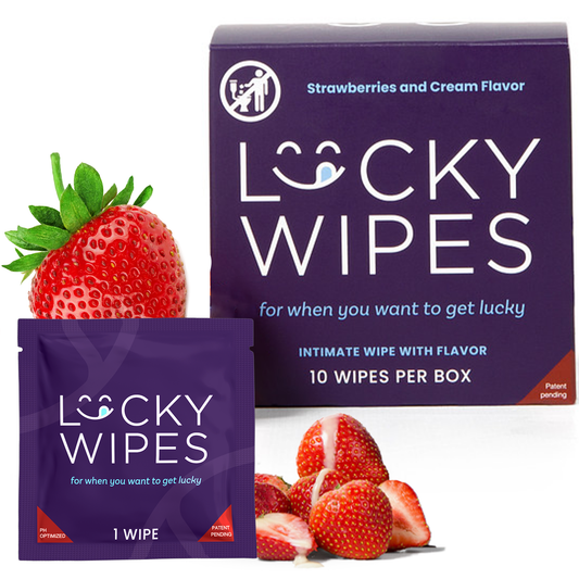 Wipes For Men Flavored Strawberries and Cream Flavor Top Seller Lucky Wipes for dudes ph balanced. Sweetums individually wrapped flavored wipes www.VALGINA.com 