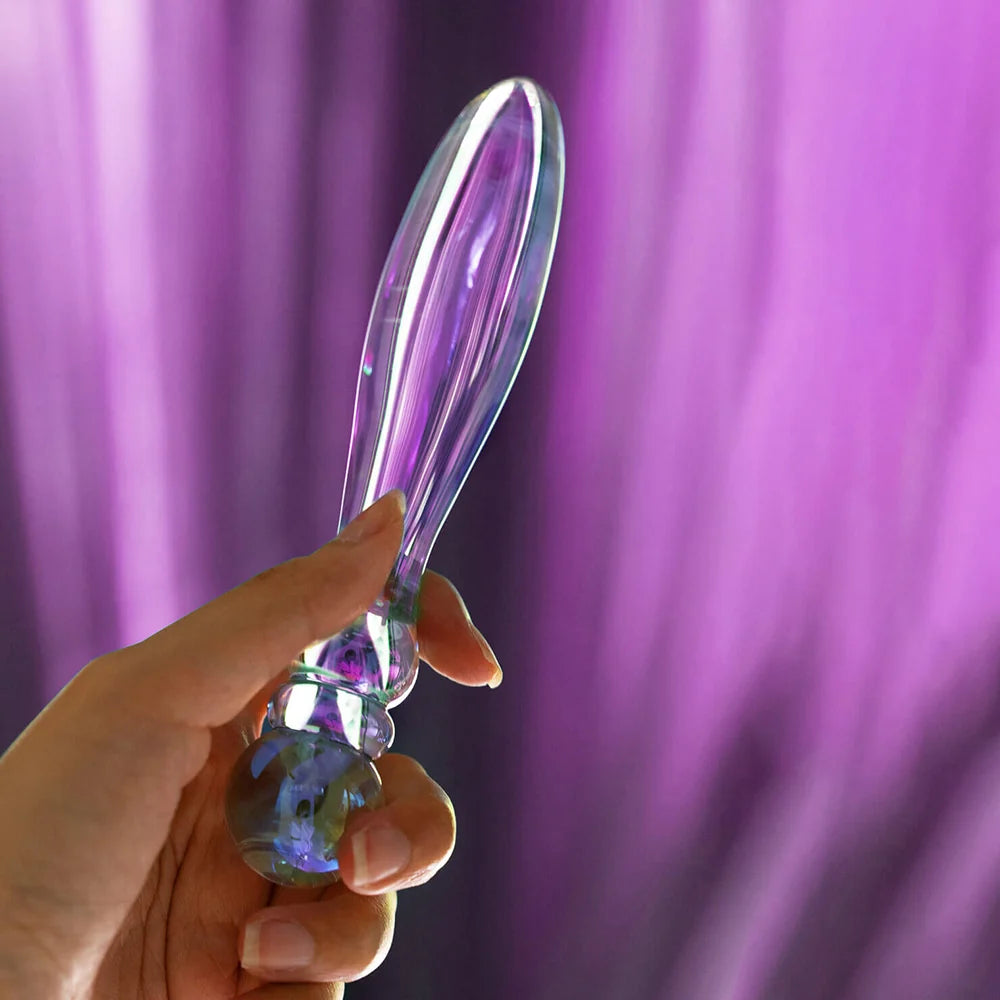 Biird Cecii beaded glass dildo held in hand for scale - ValGina.com