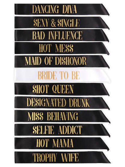 Bachelorette Party Bride Sash Pack 12 Black Green Teal Turquise Blue Green Magenta white champagne www.VALGINA.com 
