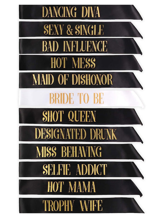 Bachelorette Party Bride Sash Pack 12 Black Green Teal Turquise Blue Green Magenta white champagne www.VALGINA.com 