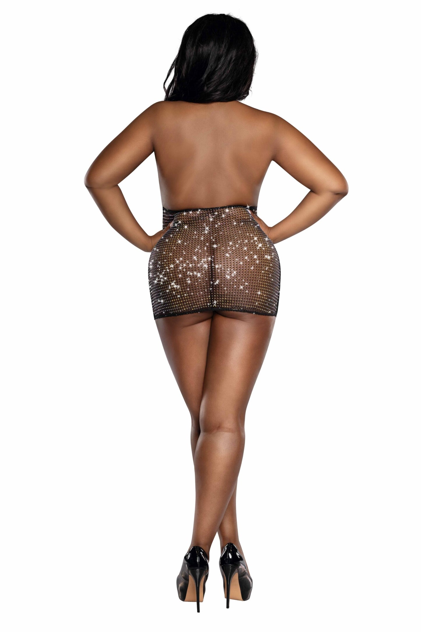 Seductive Midnight - Crystal Cowl Neck with Diamond Rhinestones Mesh Lingerie - Teddy style or Dress style - Black www.VALGINA.com 