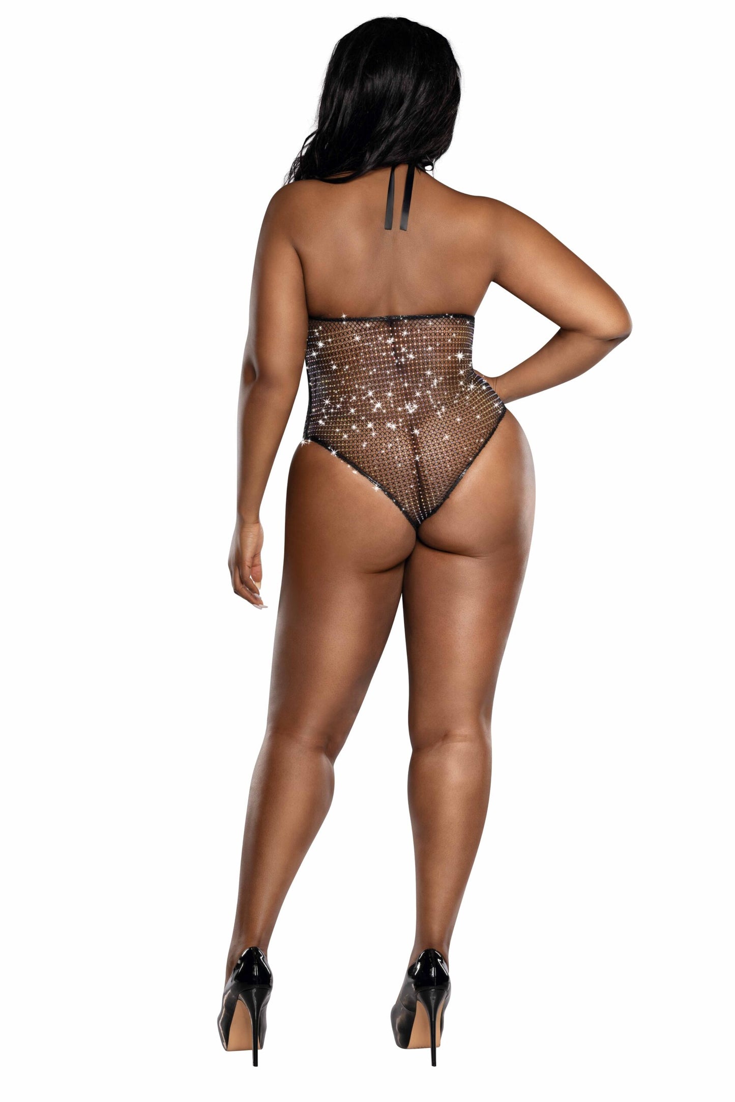 Seductive Midnight - Crystal Cowl Neck with Diamond Rhinestones Mesh Lingerie - Teddy style or Dress style - Black www.VALGINA.com 