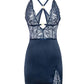 Davina V-Plunge Embroidered Lingerie w/Double Ring Charm - Babydoll Slip or Teddy - Navy - VALGINA.com