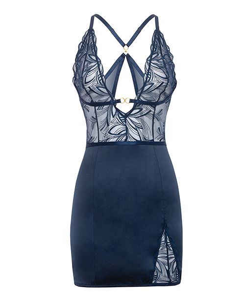 Davina V-Plunge Embroidered Lingerie w/Double Ring Charm - Babydoll Slip or Teddy - Navy