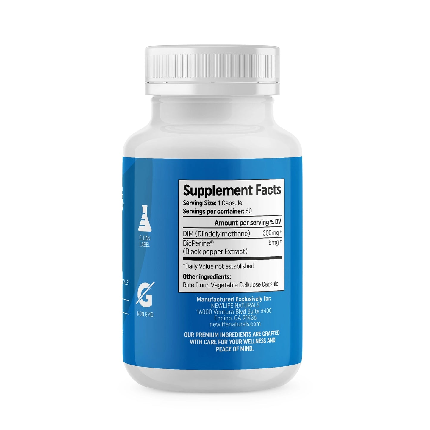 DIM supplement facts panel listing 300 mg diindolylmethane and 5 mg BioPerine