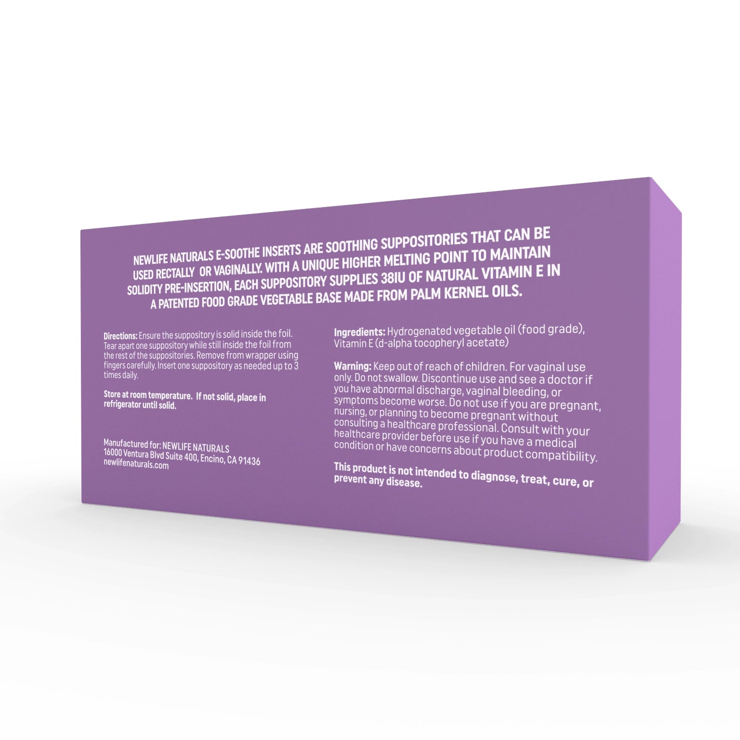 eSoothe vitamin E suppository box showing 24 count and fragrance free formula