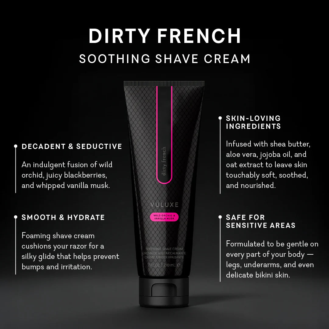 Vuluxe Dirty French soaping cream tube with product details on a black background. Vuluxe Coochy Shave Cream Rash free dirty french by pure romance www.VALGINA.com 