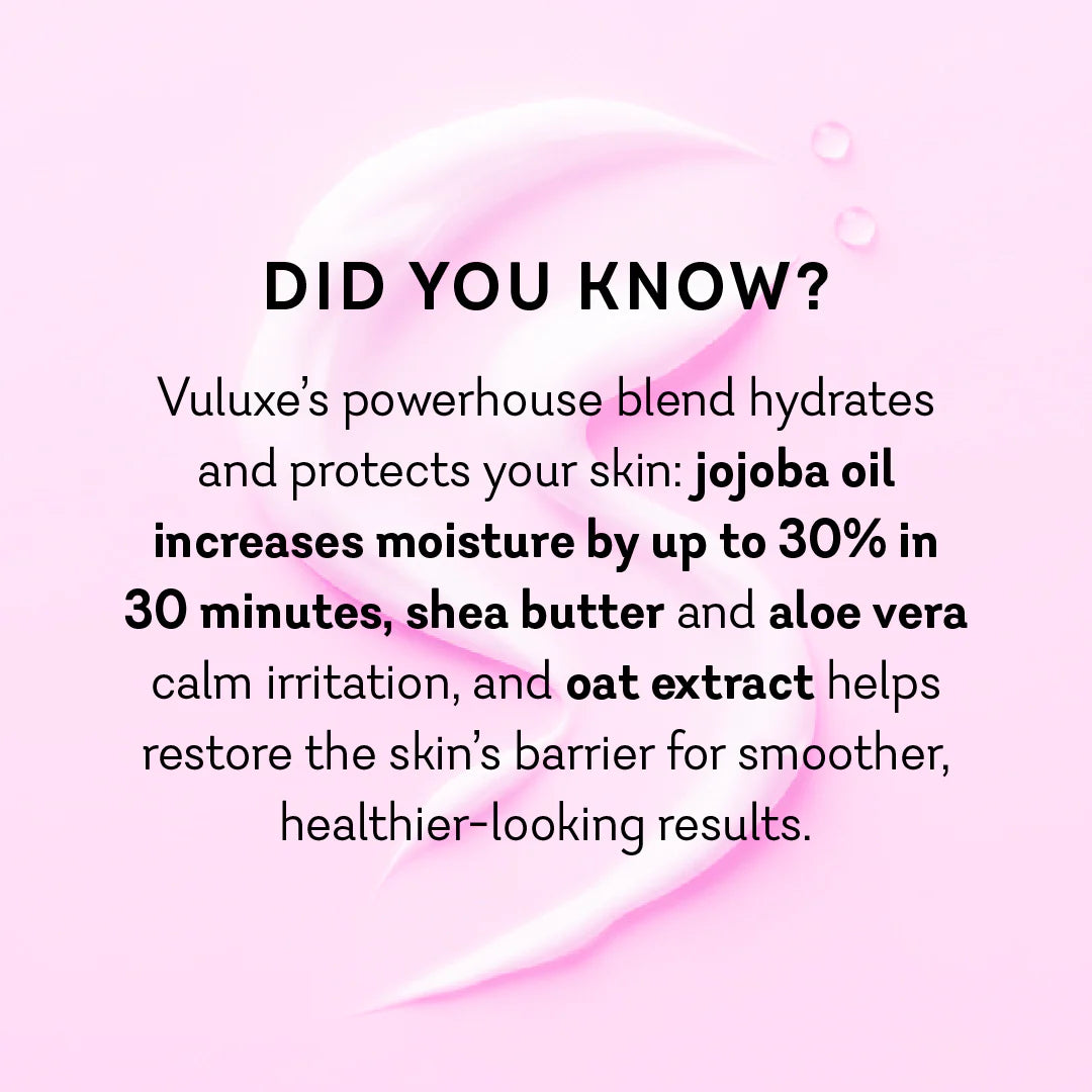 Text on a pink background about Vuluxe's skincare product ingredients and benefits. Vuluxe Coochy Shave Cream Rash free dirty french by pure romance www.VALGINA.com 