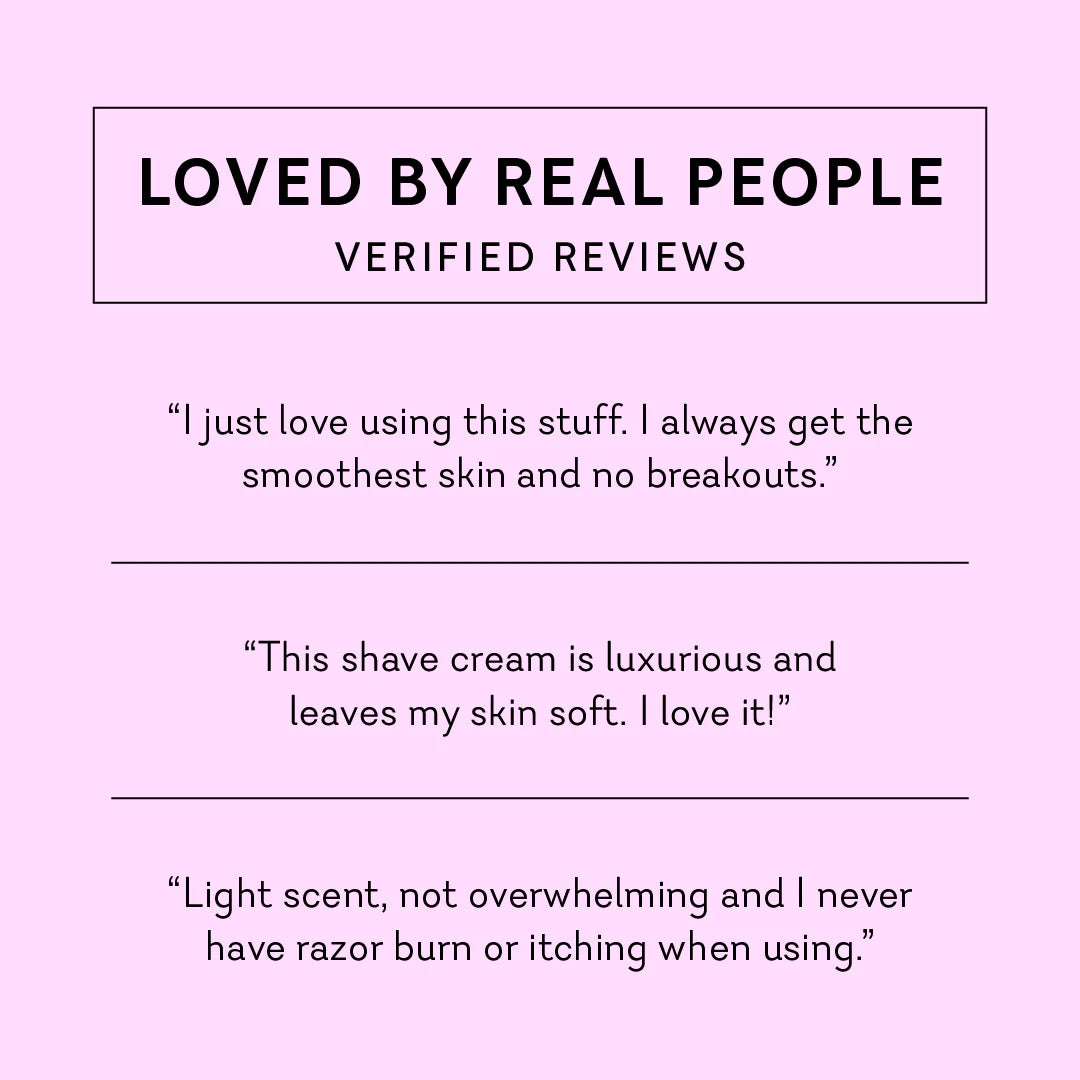 Product reviews on a pink background with text about smooth skin and luxurious shave cream. Vuluxe Coochy Shave Cream Rash free dirty french by pure romance www.VALGINA.com 