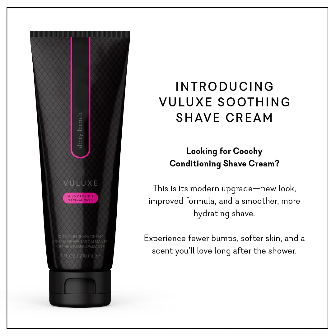 Vuluxe Soothing Shave Cream tube with promotional text on a white background. Vuluxe Coochy Shave Cream Rash free dirty french by pure romance www.VALGINA.com 