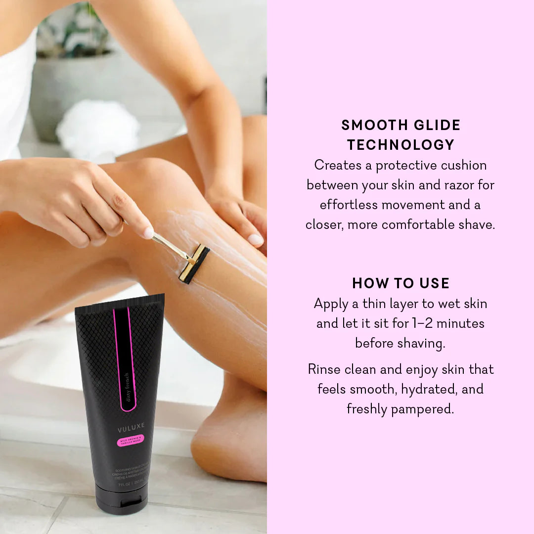 Person applying shaving cream to legs with a razor, next to text about smooth glide technology. Vuluxe Coochy Shave Cream Rash free dirty french by pure romance www.VALGINA.com 