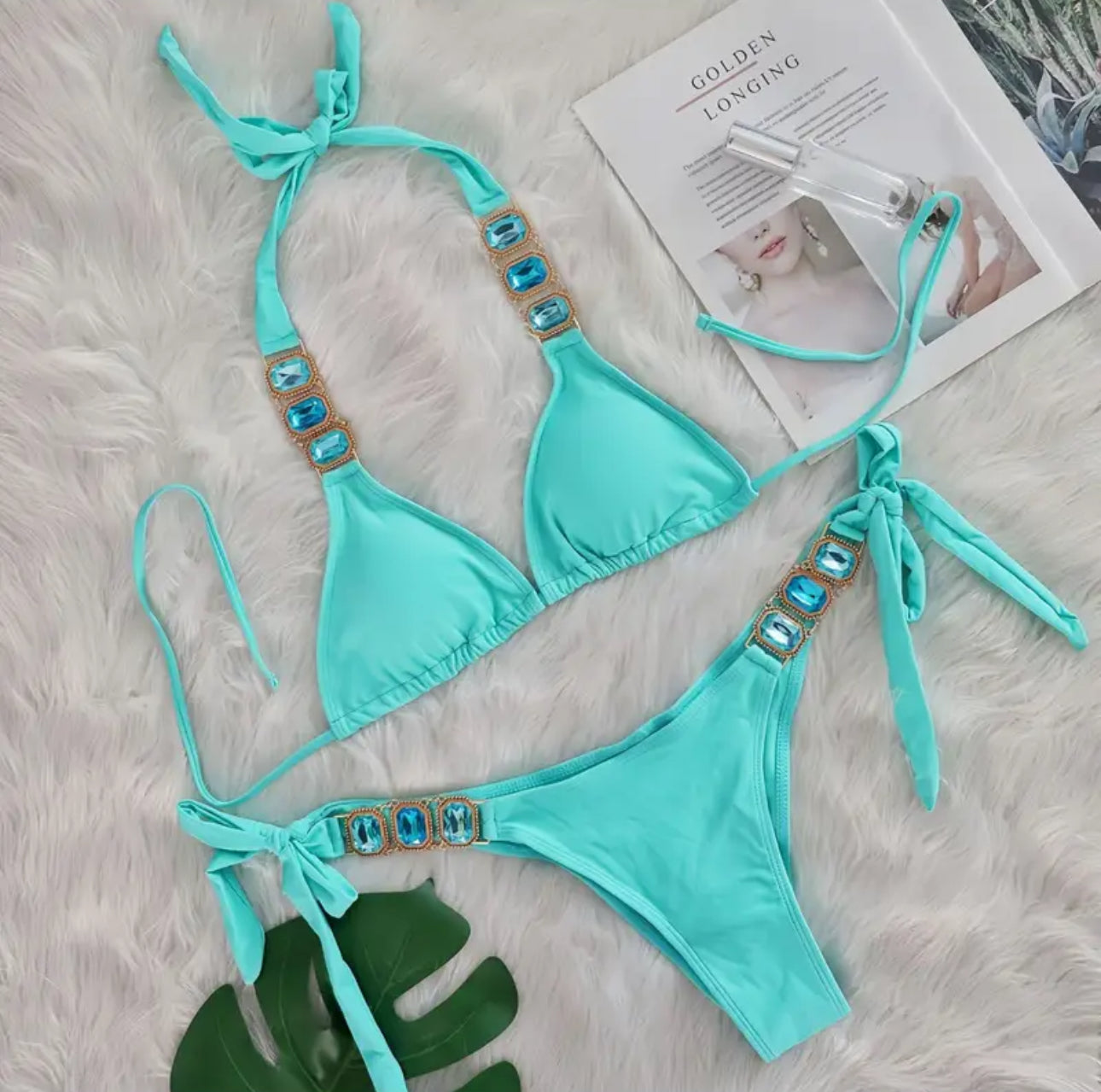 Peacockini - Metal Rhinestone Accent Bikini S/M