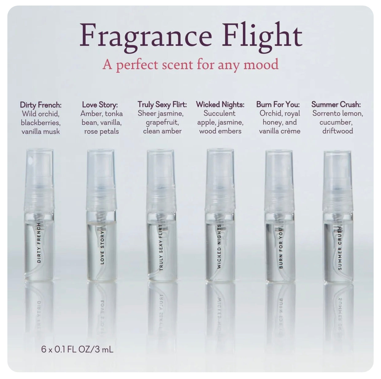Fragrance Flight - Pheromone Perfumes - IN STOCK - 33 LEFT! - Pure Romance - Flirt, Dirty French, Love Story, Burn For You, Wicked Nights, Summer Crush