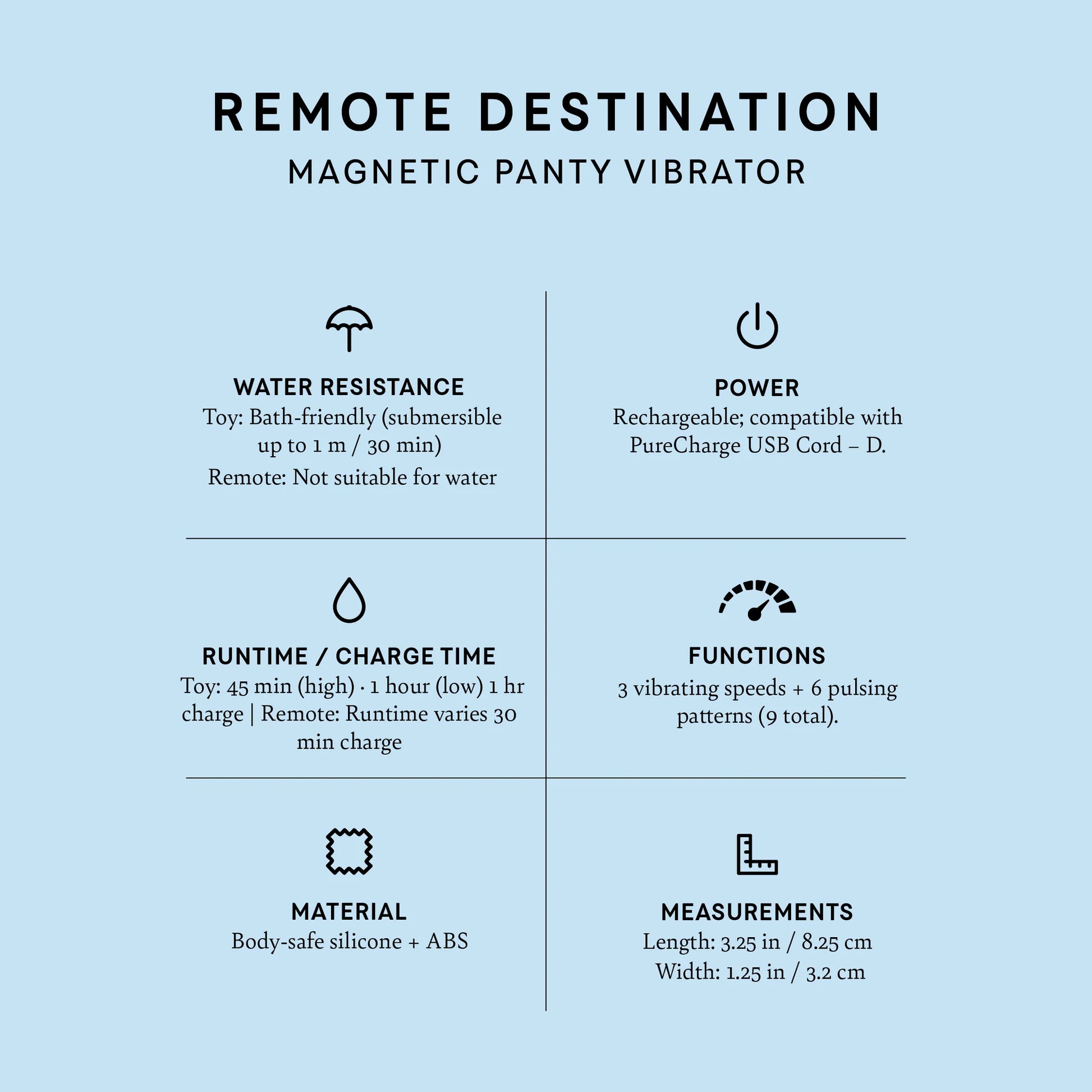 Product specifications for a magnetic panty vibrator on a light blue background. Magnetic Panty Vibrator  get nauti remote destination pure romance www.VALGINA.com 