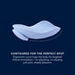 Ergonomic product design with text on a dark blue background. Magnetic Panty Vibrator  get nauti remote destination pure romance www.VALGINA.com 