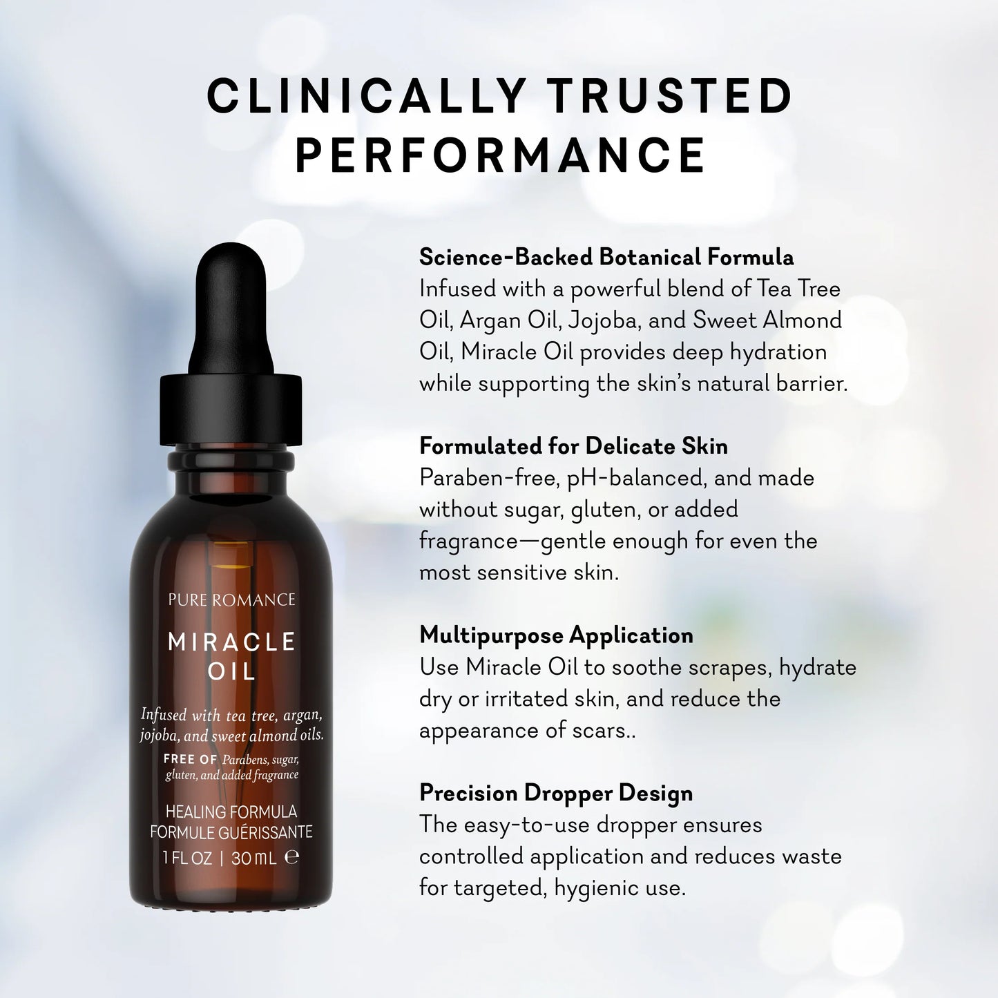 Brown bottle with dropper labeled 'Miracle Oil' on a light gray background with text about product features. Miracle Oil healing blend of essential oils pure romance www.VALGINA.com 