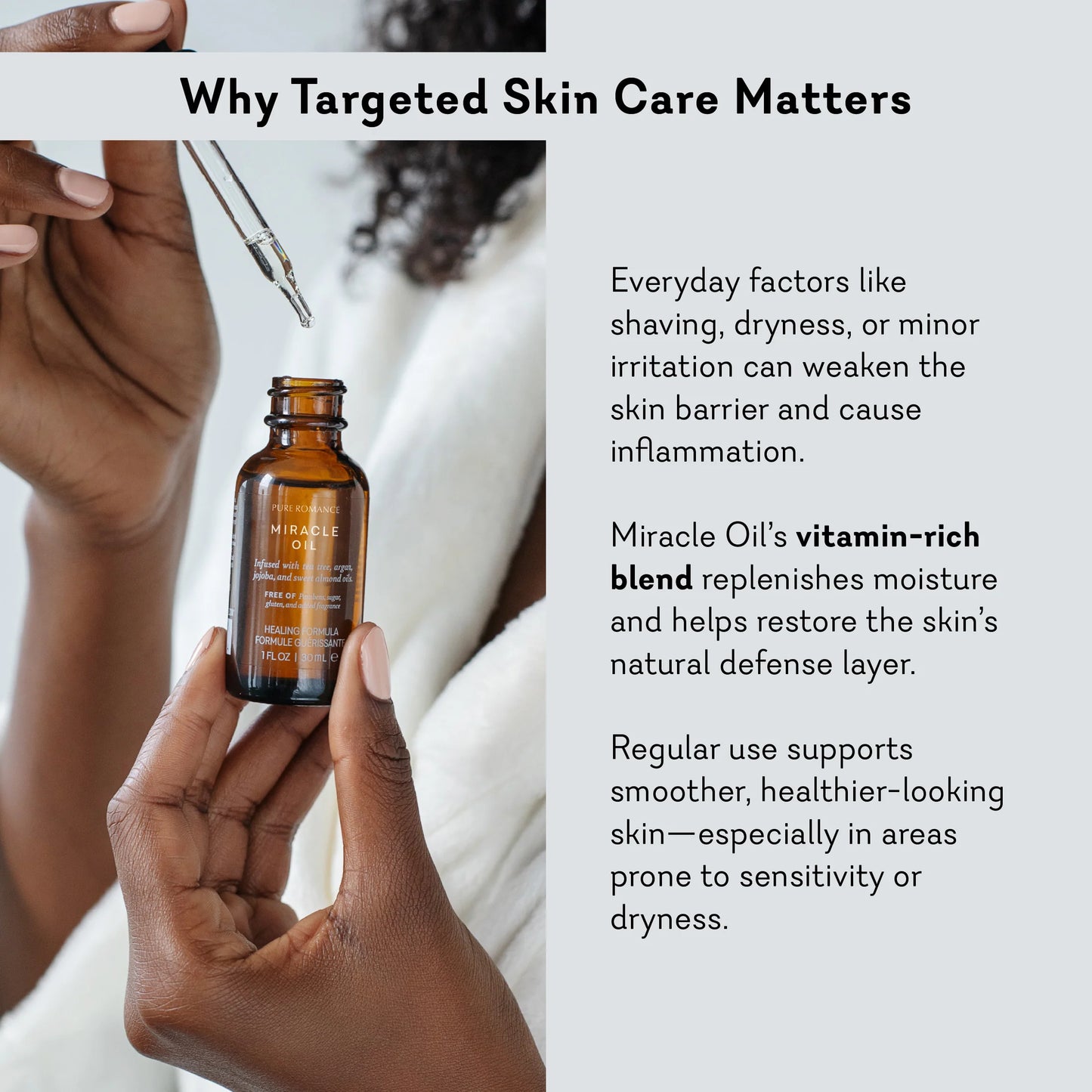 Hand holding a bottle of Miracle Oil with text about targeted skin care. Miracle Oil healing blend of essential oils pure romance www.VALGINA.com 