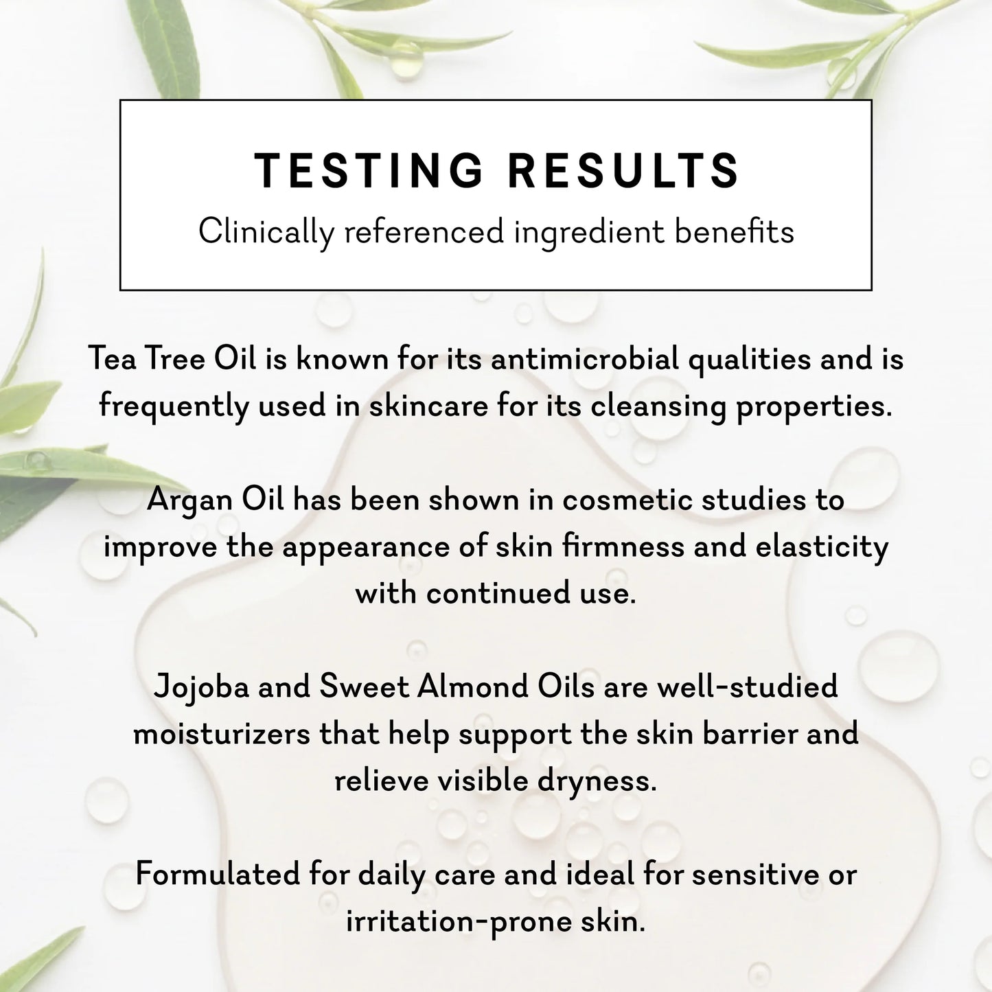 Text detailing the benefits of tea tree oil, argan oil, jojoba oil, and sweet almond oil on skin care. Miracle Oil healing blend of essential oils pure romance www.VALGINA.com 