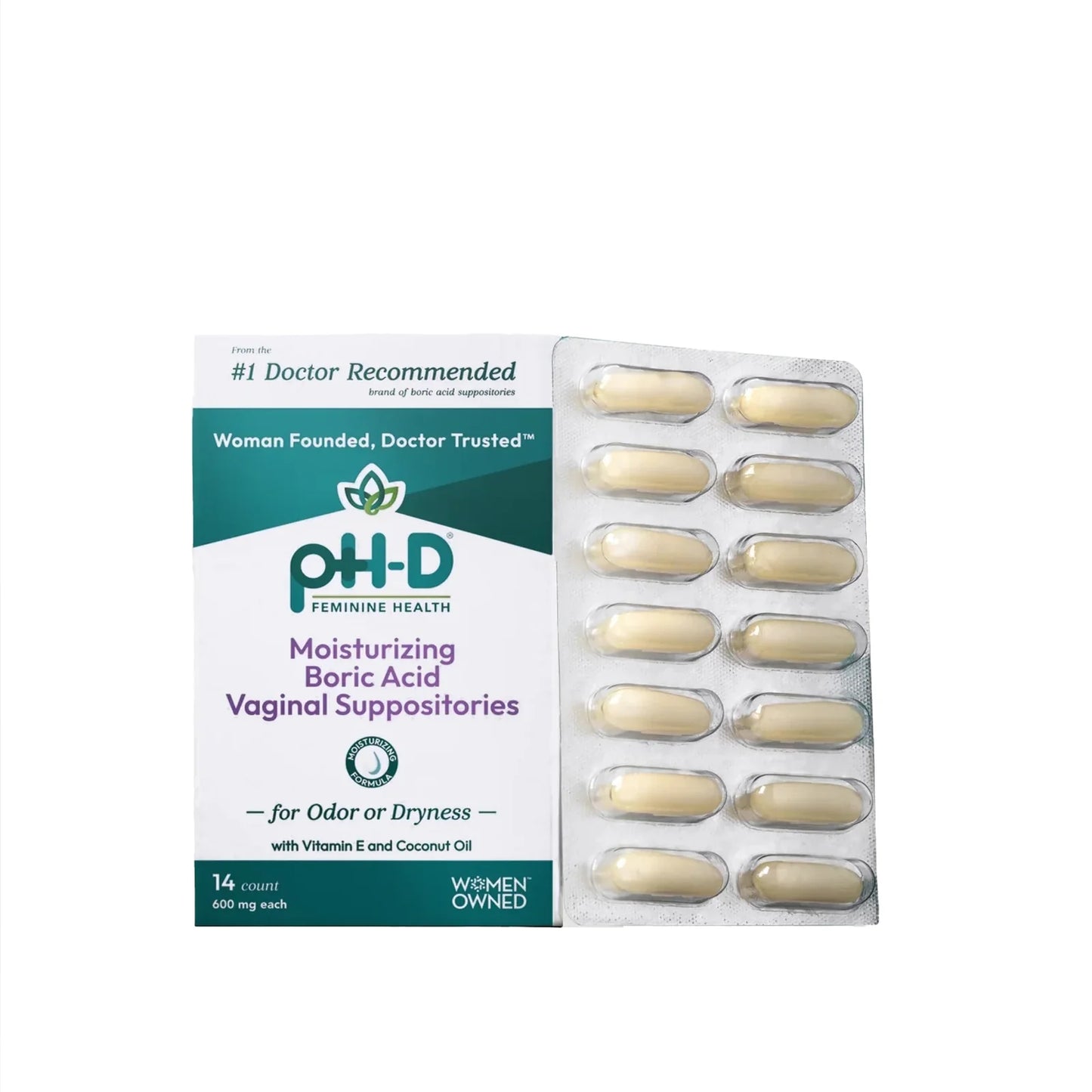 PH-D Moisturizing Boric Acid Suppositories for BV Feminine Odor - 14 pack
