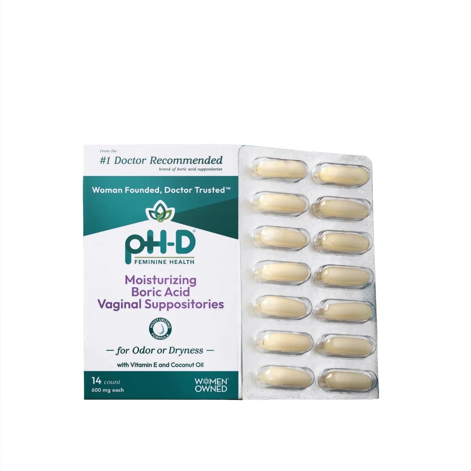 PH-D Moisturizing Boric Acid Suppositories for BV Feminine Odor - 14 pack