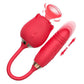 A red-colored, dual-stimulation sex toy with a clitoral suction base and a separate internal arm for thrusting. The product is designed with textured silicone for added sensation.