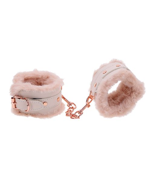 Rose Gold Faux Fur Cuffs Sex & Mischief Peaches 'n CreaMe Fur Handcuffs www.VALGINA.com 
