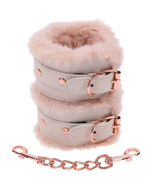 Rose Gold Faux Fur Cuffs Sex & Mischief Peaches 'n CreaMe Fur Handcuffs www.VALGINA.com 
