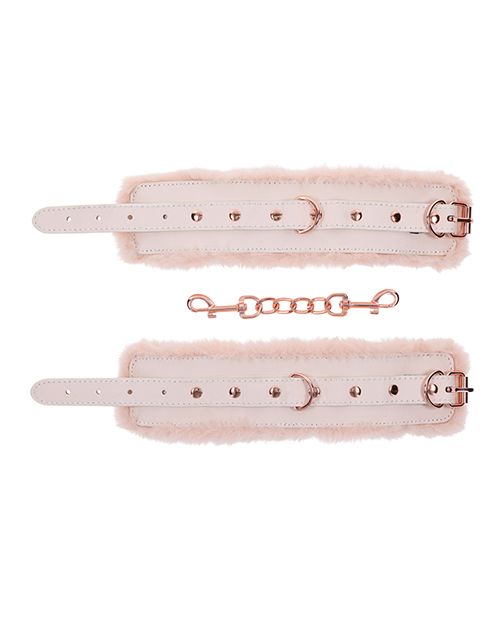 Rose Gold Faux Fur Cuffs Sex & Mischief Peaches 'n CreaMe Fur Handcuffs www.VALGINA.com 
