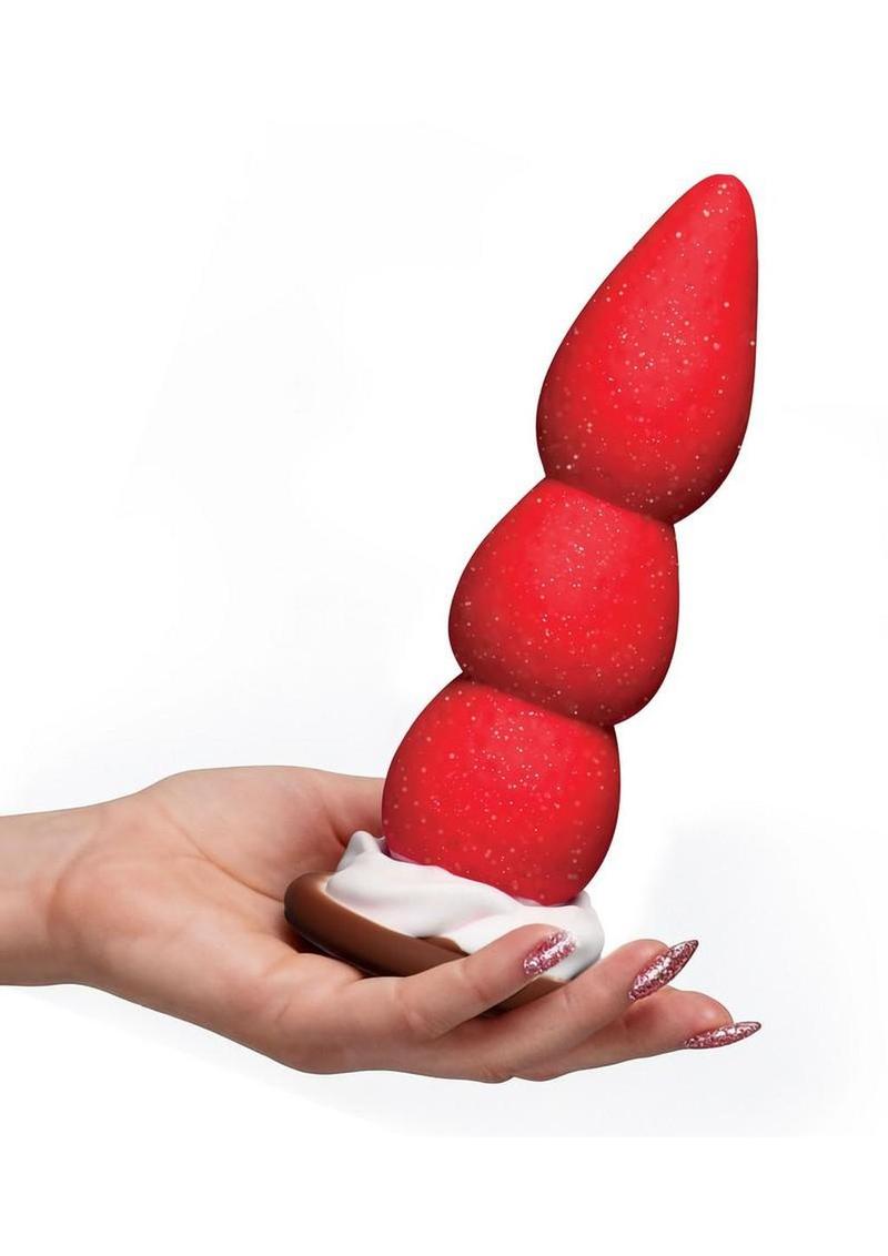 Simply Sweet Strawberry Sweet Cream Premium Silicone Dildo 7.8in - Red/ White