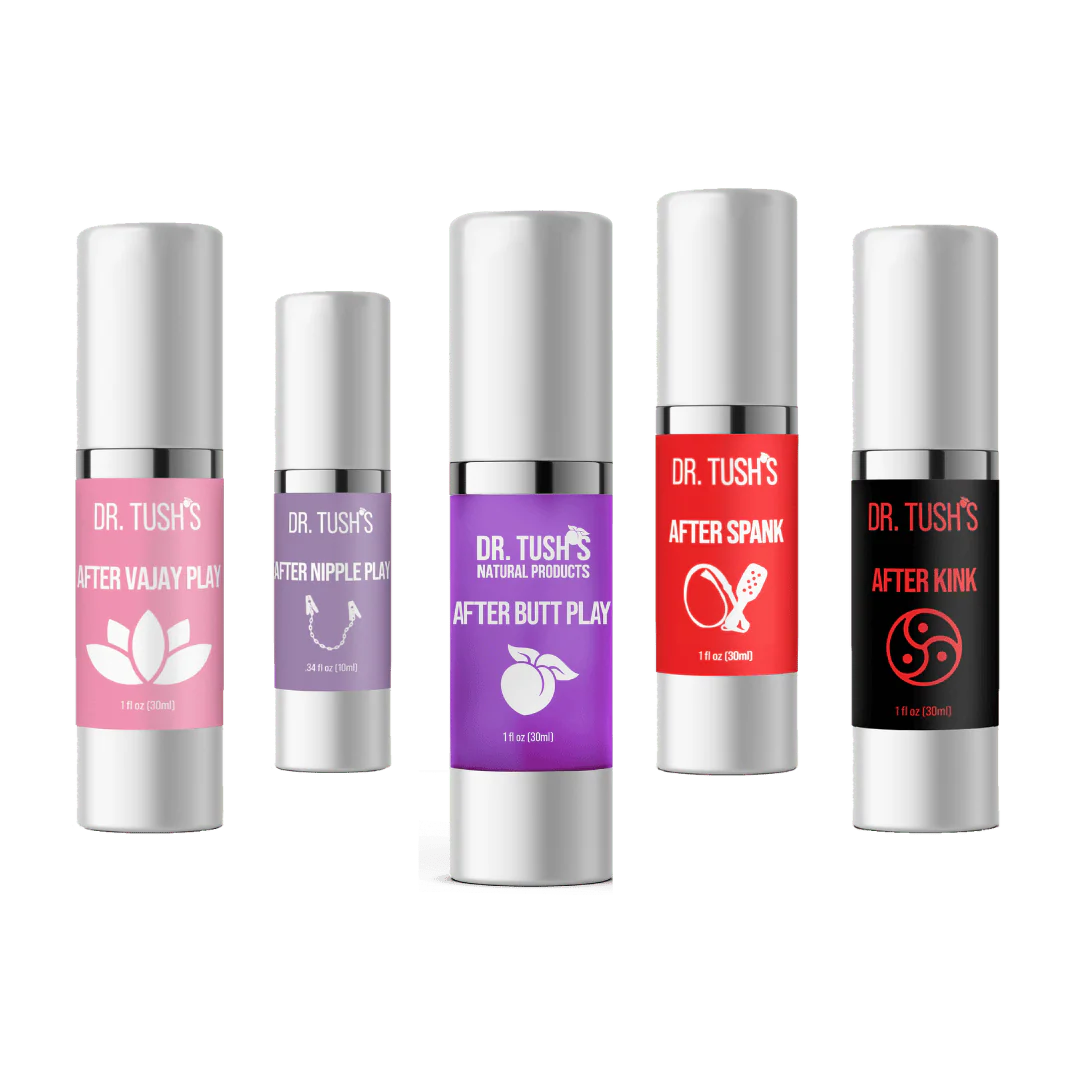 • After Butt Play
• After Vajay Play
• After Nipple Play
• After Spank Play
• After Kink Play
Dr. TUSH Complete Aftercare Collection – Cooling Recovery Gels (5 Formulas)
