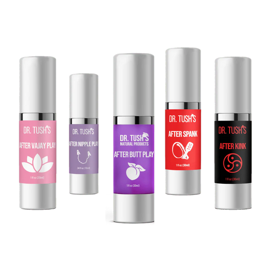 • After Butt Play
• After Vajay Play
• After Nipple Play
• After Spank Play
• After Kink Play
Dr. TUSH Complete Aftercare Collection – Cooling Recovery Gels (5 Formulas)
