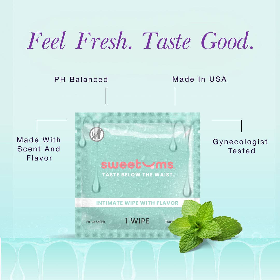 Sweet Mint Flavored PH Balanced Intimate wipes Feminine Wipes by sweetums individually wrapped www.VALGINA.com 